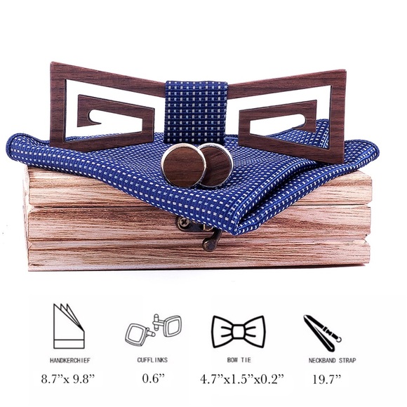 Handmade Wood Butterfly Bow Tie Cufflinks Navy Blue Pocket Square Set - Picture 16 of 16